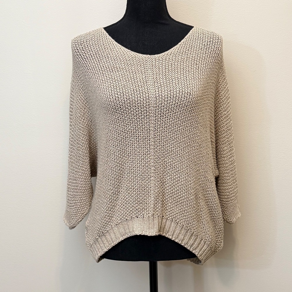 Luisa Ricci Italy Tan Beige Open Knit Batwing Dolman Sweater Women M QuietLuxury